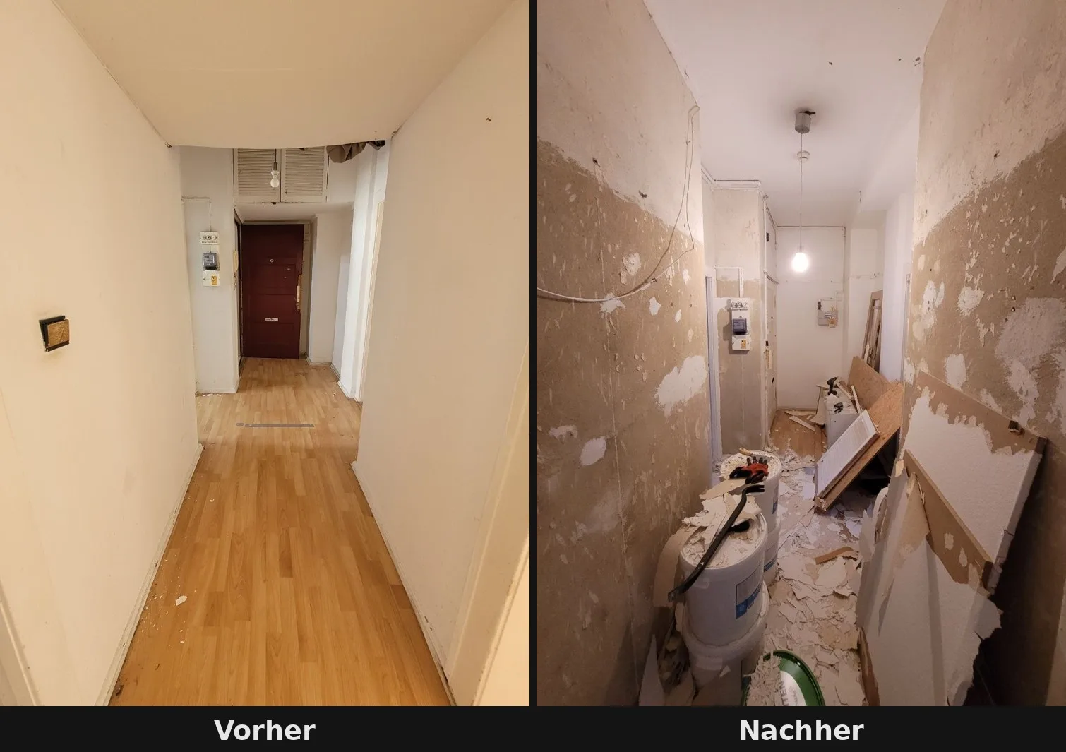 Flur einer Wohnung in Berlin vor und nach der Auflösung, einmal möbliert und einmal bis auf die Wände frei