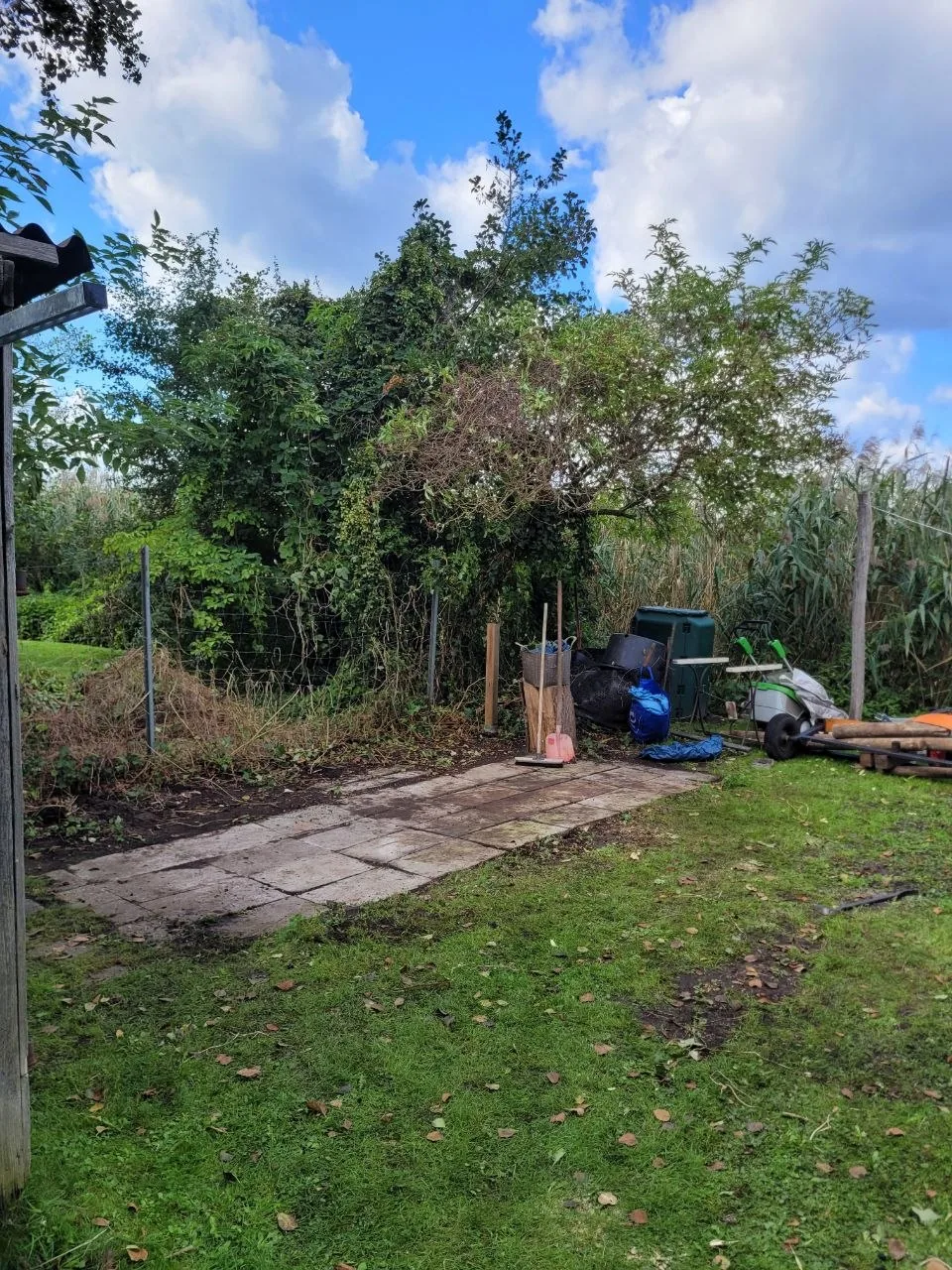 Freigeräumte Terrassenfläche nach der Gartenauflösung, Bewuchs zurückgeschnitten und Unrat entfernt