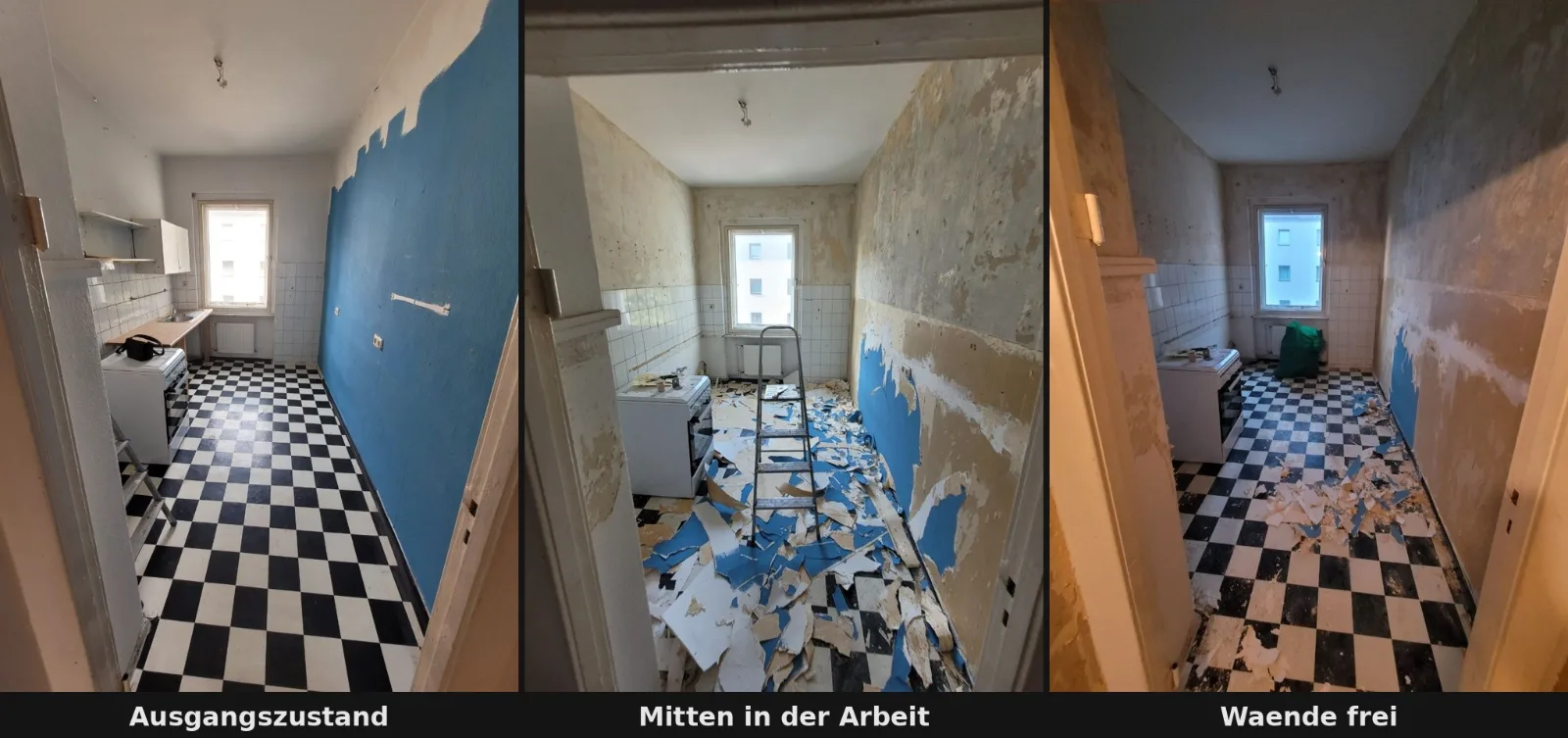 Küche vor, während und nach einer Wohnungsauflösung in Berlin, vom Ausgangszustand bis zu den freien Wänden